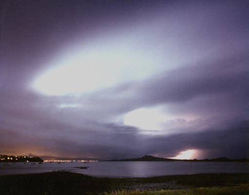 Lightning over Auckland Harbour.